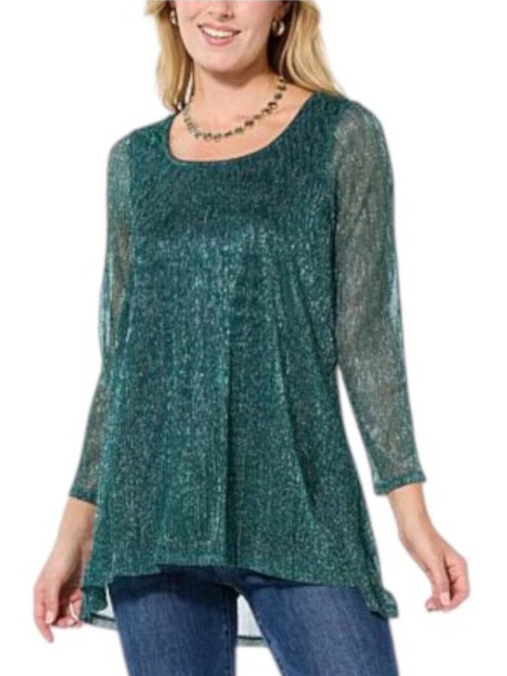 Nina Leonard Sparkle, Hi-Low Hem, Sheer 3/4-Sleeve, Tunic - Size: Large - NIP